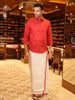 Deep Crimson Red Solid Woven Design Pure Cotton Shirt with Matching White Dhoti Featuring Red Border