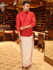 Deep Crimson Red Solid Woven Design Pure Cotton Shirt with Matching White Dhoti Featuring Red Border