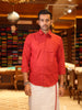Deep Crimson Red Solid Woven Design Pure Cotton Shirt with Matching White Dhoti Featuring Red Border