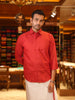 Deep Crimson Red Solid Woven Design Pure Cotton Shirt with Matching White Dhoti Featuring Red Border