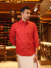 Deep Crimson Red Solid Woven Design Pure Cotton Shirt with Matching White Dhoti Featuring Red Border