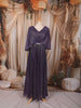 Deep Dusty Purple Metallic Shimmer Pleated A-Line Party Wear Gown with Cape Sleeves