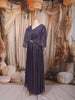 Deep Dusty Purple Metallic Shimmer Pleated A-Line Party Wear Gown with Cape Sleeves