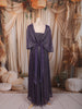Deep Dusty Purple Metallic Shimmer Pleated A-Line Party Wear Gown with Cape Sleeves