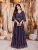 Deep Dusty Purple Metallic Shimmer Pleated A-Line Party Wear Gown with Cape Sleeves