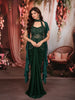 Deep Emerald Green Floral Sequins and Beads Embroidered Design Satin Indo Western Skirt Top with Ruffled Cape