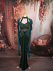 Deep Emerald Green Floral Sequins and Beads Embroidered Design Satin Indo Western Skirt Top with Ruffled Cape