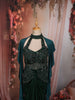 Deep Emerald Green Floral Sequins and Beads Embroidered Design Satin Indo Western Skirt Top with Ruffled Cape