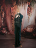 Deep Emerald Green Floral Sequins and Beads Embroidered Design Satin Indo Western Skirt Top with Ruffled Cape