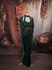 Deep Emerald Green Floral Sequins and Beads Embroidered Design Satin Indo Western Skirt Top with Ruffled Cape