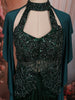 Deep Emerald Green Floral Sequins and Beads Embroidered Design Satin Indo Western Skirt Top with Ruffled Cape