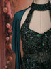 Deep Emerald Green Floral Sequins and Beads Embroidered Design Satin Indo Western Skirt Top with Ruffled Cape
