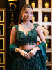 Deep Emerald Green Vertical Wavy Sequins and Beads Embroidered Net Mermaid Lehenga With Dupatta with Matching Dupatta