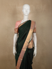 Deep Forest Bottle Green Striped Zari Woven Design Pure Kanchipuram Silk Saree with Contrast Ornamental Zari Border