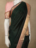 Deep Forest Bottle Green Striped Zari Woven Design Pure Kanchipuram Silk Saree with Contrast Ornamental Zari Border