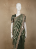 Deep Forest Green Floral Sequins Embroidered Design Tissue Silk Designer Saree with Scalloped Border