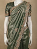 Deep Forest Green Floral Sequins Embroidered Design Tissue Silk Designer Saree with Scalloped Border