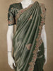 Deep Forest Green Floral Sequins Embroidered Design Tissue Silk Designer Saree with Scalloped Border