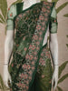 Deep Forest Green Floral Vine Embroidered Design Net Fancy Saree with Scalloped Border