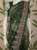 Deep Forest Green Floral Vine Embroidered Design Net Fancy Saree with Scalloped Border
