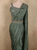 Deep Forest Moss Green Solid Design Satin Ready to Wear Draped Saree with Designer Blouse