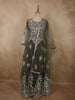 Deep Forest Olive Green Floral Thread Embroidered Design Net Gown with Dupatta