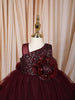 Deep Maroon 3D Floral Appliqué Sequins Embroidered Design Ruffled Layered Tulle Net Party Wear Frock