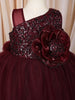Deep Maroon 3D Floral Appliqué Sequins Embroidered Design Ruffled Layered Tulle Net Party Wear Frock