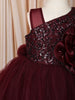 Deep Maroon 3D Floral Appliqué Sequins Embroidered Design Ruffled Layered Tulle Net Party Wear Frock