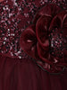 Deep Maroon 3D Floral Appliqué Sequins Embroidered Design Ruffled Layered Tulle Net Party Wear Frock