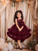 Deep Maroon 3D Floral Appliqué Sequins Embroidered Design Ruffled Layered Tulle Net Party Wear Frock