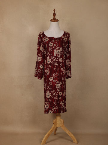 Deep Maroon Floral Design Printed Rayon Kuti - Diadem