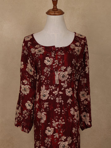 Deep Maroon Floral Design Printed Rayon Kuti - Diadem