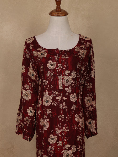 Deep Maroon Floral Design Printed Rayon Kuti - Diadem