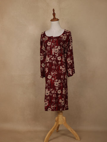 Deep Maroon Floral Design Printed Rayon Kuti - Diadem