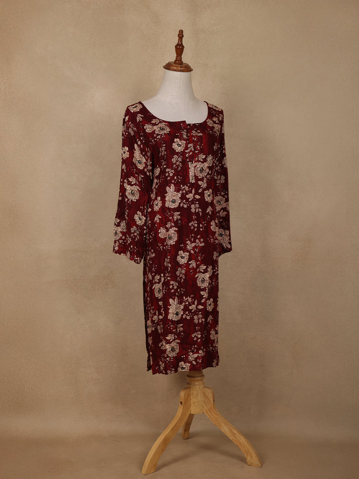 Deep Maroon Floral Design Printed Rayon Kuti - Diadem