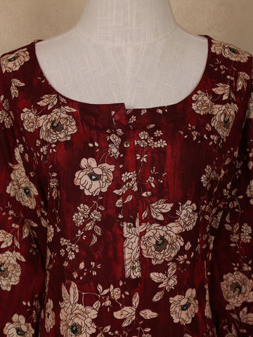 Deep Maroon Floral Design Printed Rayon Kuti - Diadem