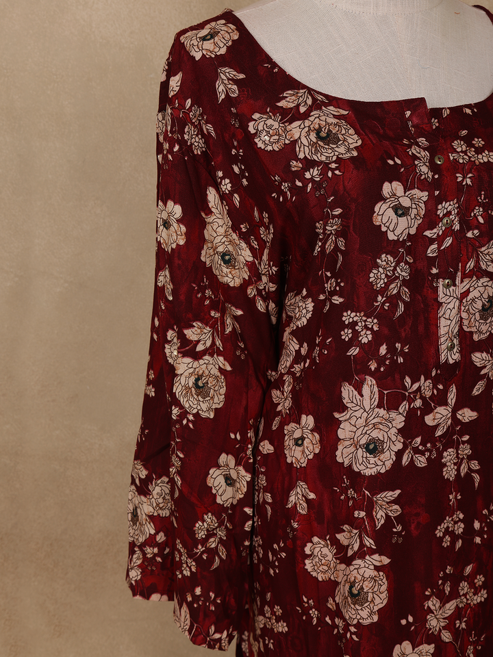 Deep Maroon Floral Design Printed Rayon Kuti - Diadem