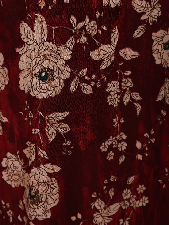 Deep Maroon Floral Design Printed Rayon Kuti - Diadem