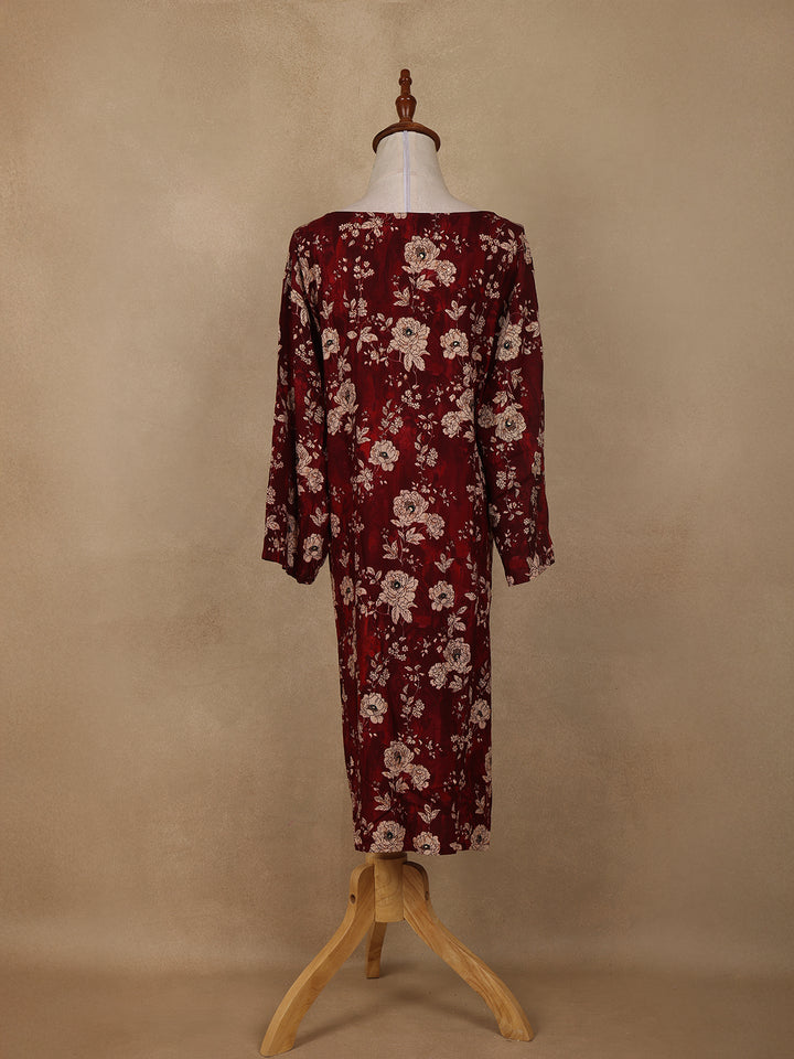 Deep Maroon Floral Design Printed Rayon Kuti - Diadem
