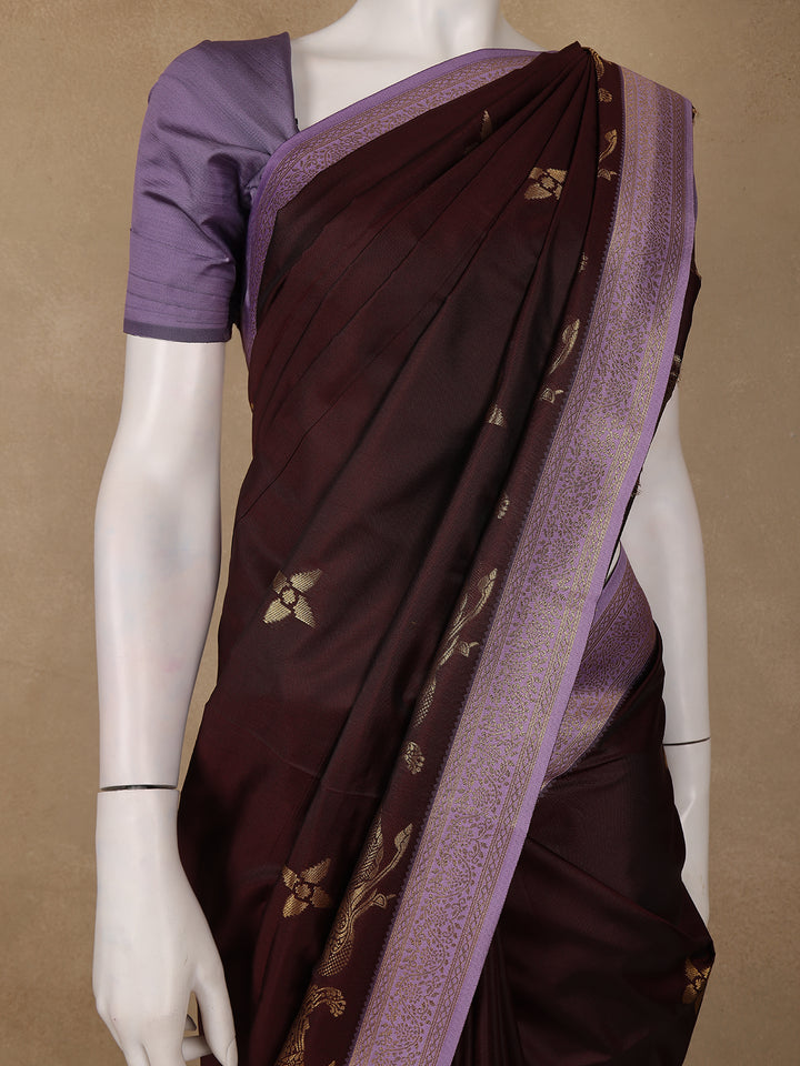 Deep Maroon Floral Design Zari Woven Soft Silk Saree - Diadem