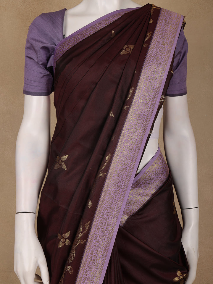 Deep Maroon Floral Design Zari Woven Soft Silk Saree - Diadem