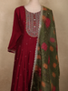 Deep Maroon Floral Embroidered Design Silk Anarkali Salwar Suit with Contrast Dupatta