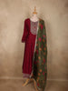 Deep Maroon Floral Embroidered Design Silk Anarkali Salwar Suit with Contrast Dupatta