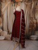 Deep Maroon Floral Sequins Embroidered Design Silk Anarkali Salwar Suit with Striped Dupatta