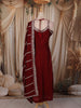 Deep Maroon Floral Sequins Embroidered Design Silk Anarkali Salwar Suit with Striped Dupatta