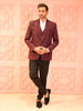 Deep Maroon Floral Sequins and Beads Embroidered Design Velvet Men's Wedding Suit with Matching Pant