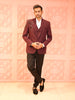 Deep Maroon Floral Sequins and Beads Embroidered Design Velvet Men's Wedding Suit with Matching Pant
