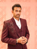Deep Maroon Floral Sequins and Beads Embroidered Design Velvet Men's Wedding Suit with Matching Pant