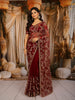 Deep Maroon Floral Vine Sequins Embroidered Design Net Party Wear Saree with Scalloped Border